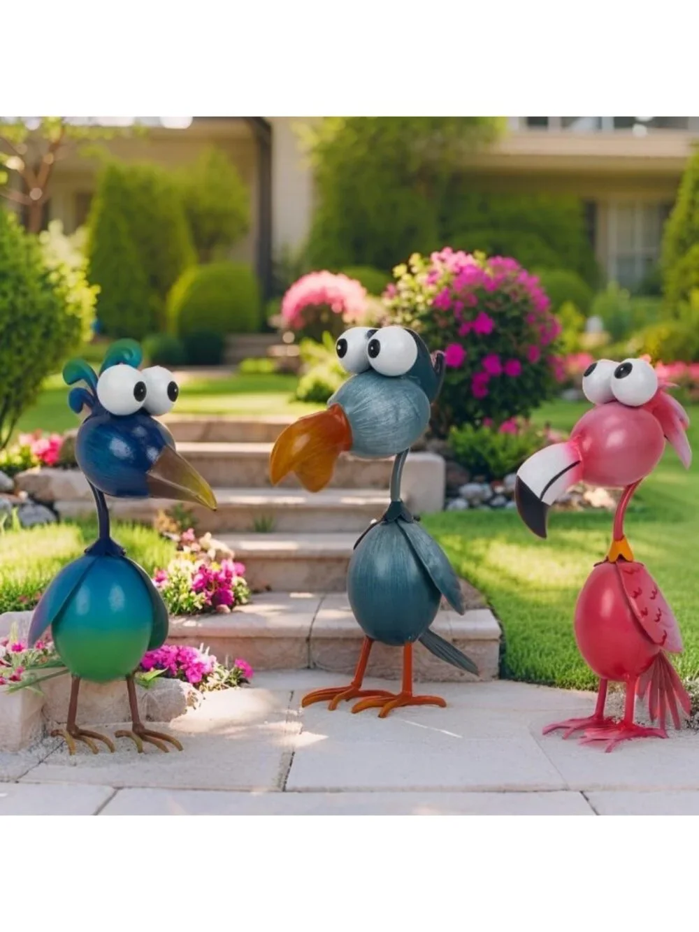 Outdoor Metal Bird Garden Decor - Flamingo, Peacock & Pelican Statues Set of 3